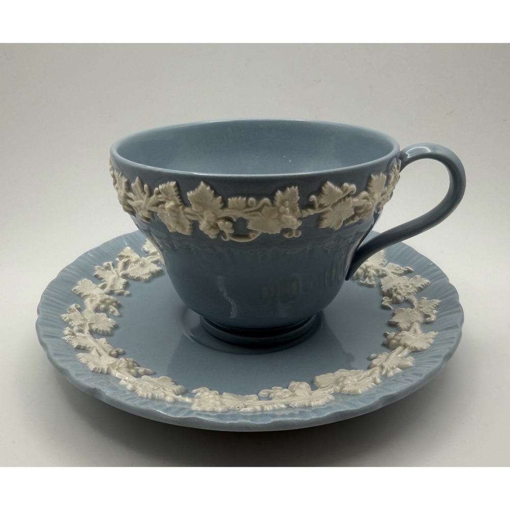 Vintage Wedgwood Embossed Queens Ware Cream on Lavender Blue Teacup Saucer Set